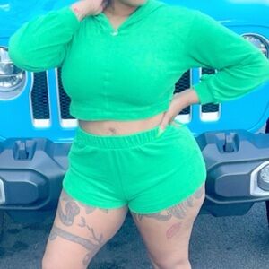 Green Women's Shorts Set with Crop Hoodie